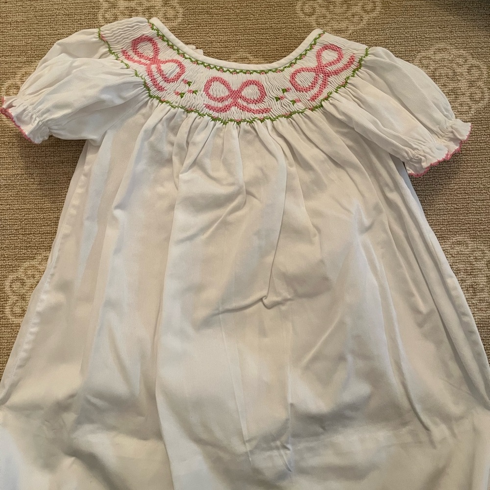 White and Pink Smocked Dress with Puffed Sleeves and Embroidery